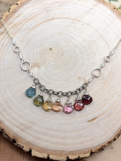 Bright as a rainbow after a gentle spring shower, this splendid aray of tourmaline briolettes falls in a gentle arc. Suspended on a delicate sterling chain, this collection presents a delicate version of the visual spectrum. 

•7 tourmaline briolette, assorted colors
•Fine and sterling silver
•4 quartz rondelles 