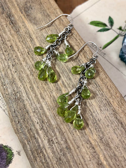 "Love and compassion are necessities, not luxuries. Without them, humanity cannot survive." - Dalai Lama XIV

Bask in the glow of gentle green peridot drops arranged along a silver chain. Pear-shaped and faceted gems are wire wrapped and finished on sterling French wires. A cascade of color perfect for any elegant ensemble.

Product Details:


• Sterling silver ear wires
• Fourteen peridot briolette gems
• Sterling and fine silver
• Approximately 1.5" long and 1.75" long from the top o